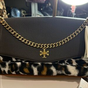 Tory Burch Dark Brown Pebbled Leather Chain Crossbody with Gold Hardware